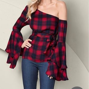 Venus Plaid Ruffle Off Shoulder Top